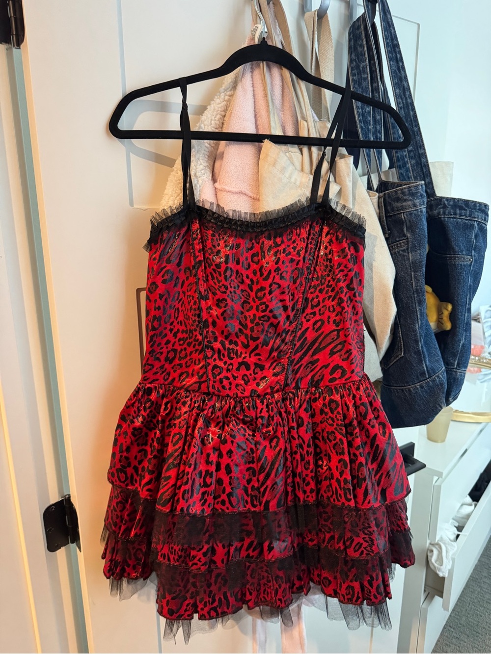 Vintage red and black leopard dress with ruffles and lace details